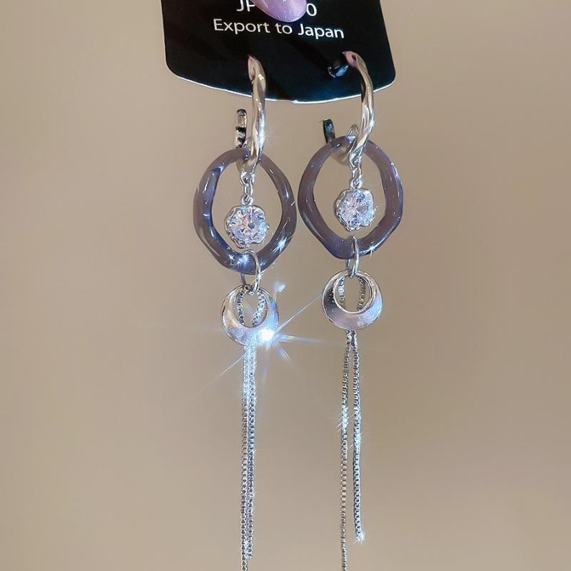 Silver needle acrylic zircon geometric round fringed C-shaped earrings cold wind stud earrings light luxury high-end earrings women