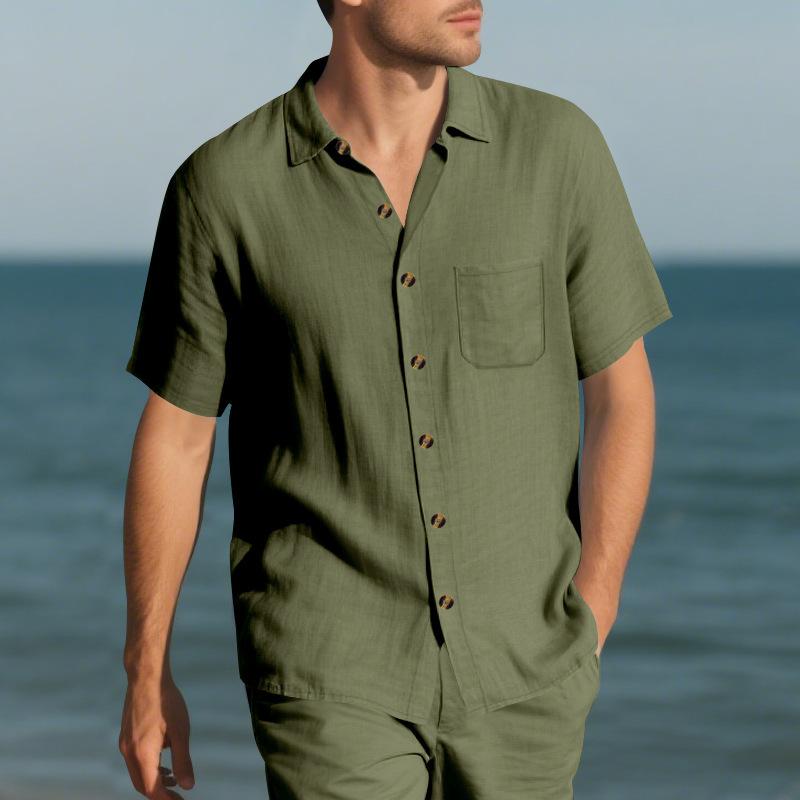 Summer Men's Lapel Shirt Woven Solid Color Simple Loose Casual Short-sleeved Shirt