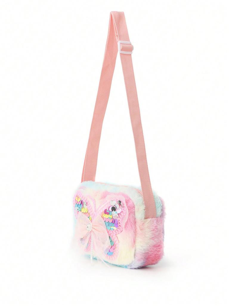 Kids Pink Butterfly Pattern Polyester Fluffy Shoulder Bag For School And Outings