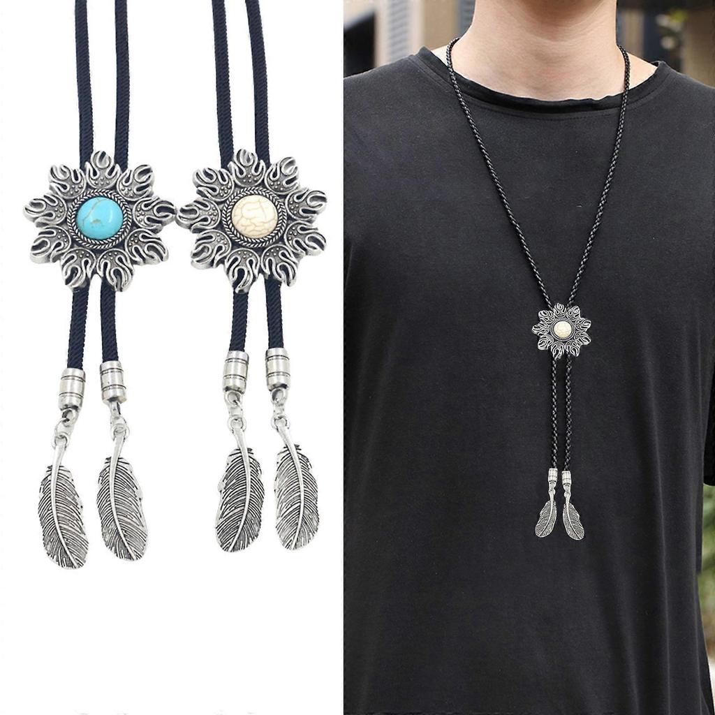 Men's Sun Turquoises Stone Feather Pendant Bolo Tie Braided Rope Necktie Necklace Shirt Collar Chain Cowboy Neckwear White