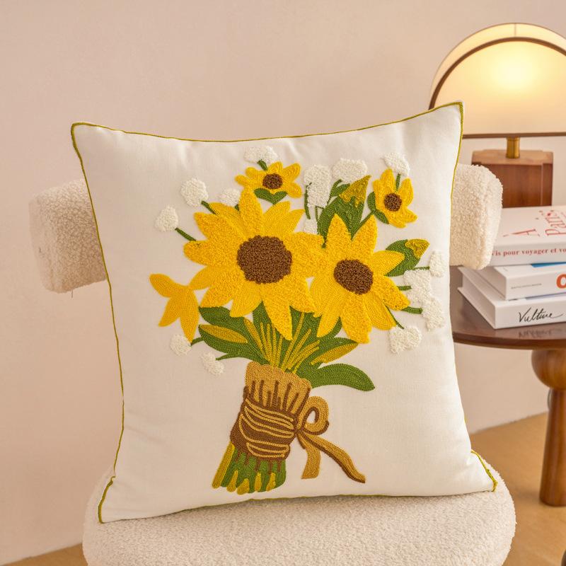 1pc Contemporary Floral Embroidery Throw Pillow Cover with Yellow Flowers & Green Leaves Zippered, Machine Washable for Living Room Decor