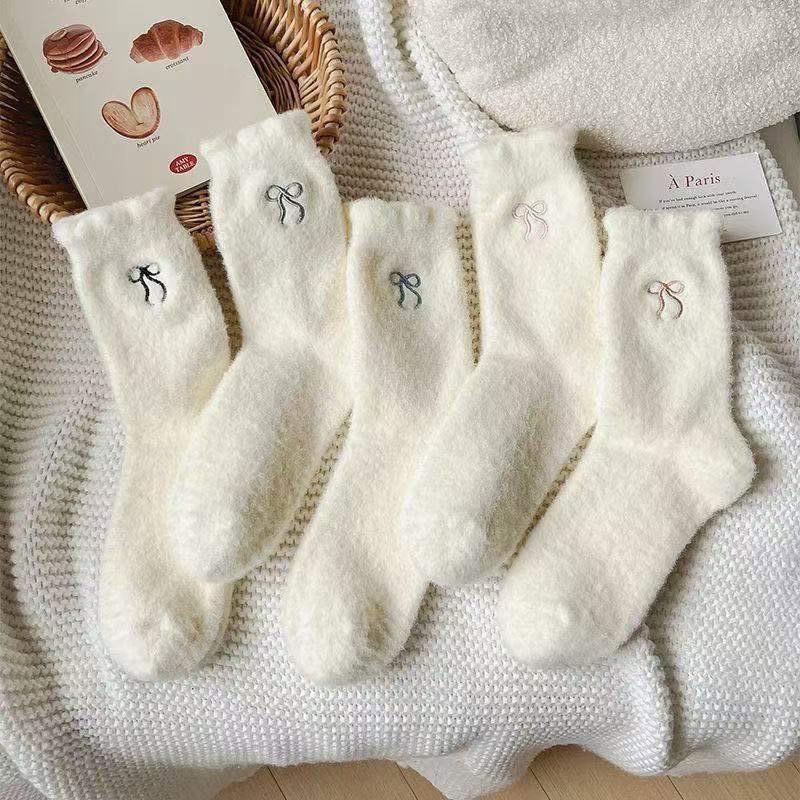 1/5pcs Cozy Hairy Mink Velvet Socks Bow Autumn Winter Hosiery Thickened Plush Socks Warm Sleep Home Fluffy Socks For Women