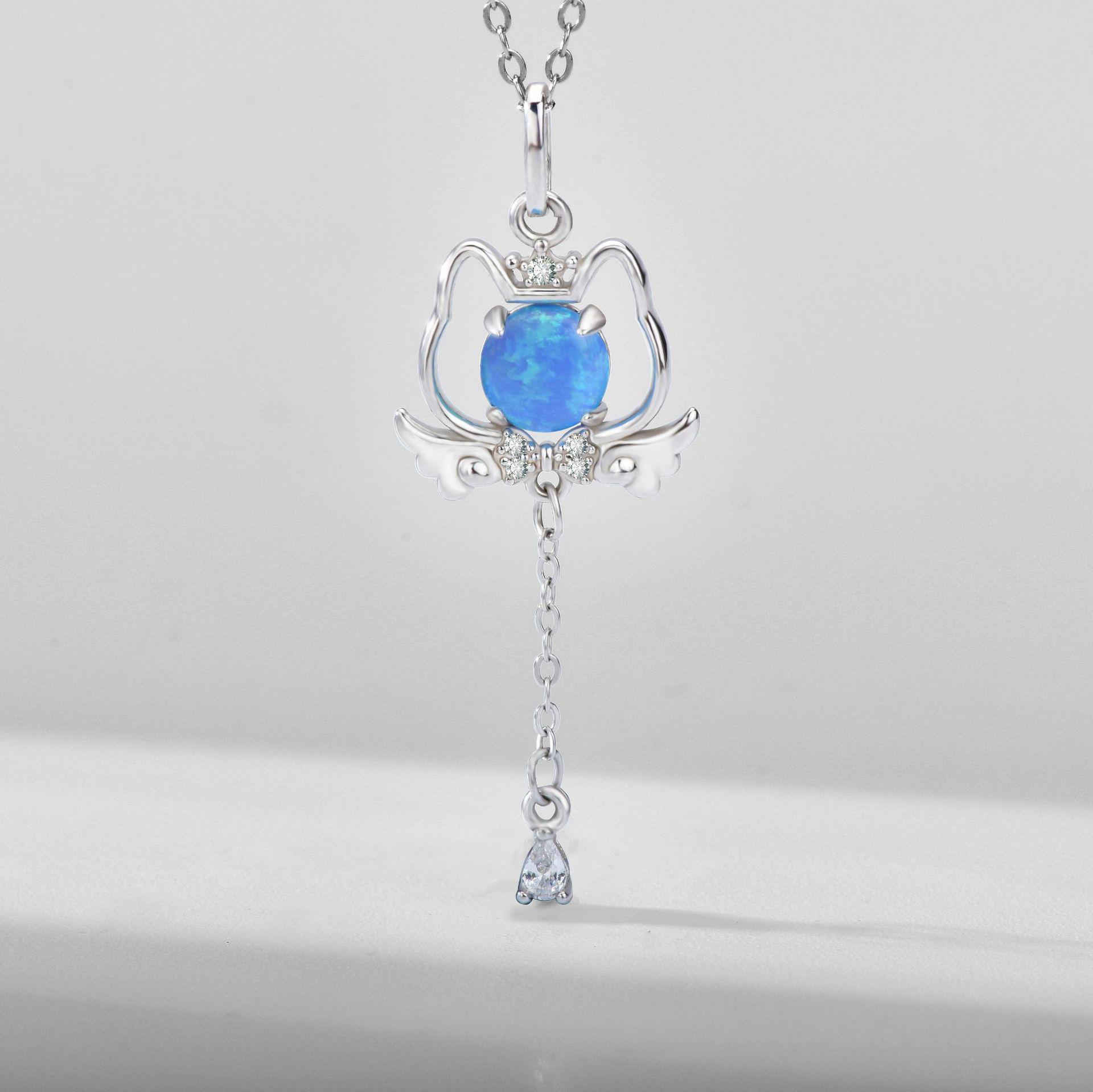 

Opal Angel Cat Necklace - S925 Sterling Silver Women s Cartoon Clavicle Chain 925 Silver