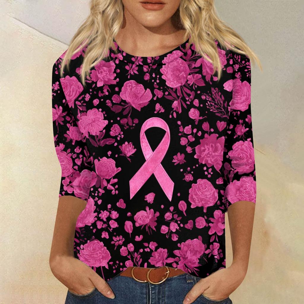 Women's Fashion Casual Seven Split Sleeve Printed Loose Round Neck Top