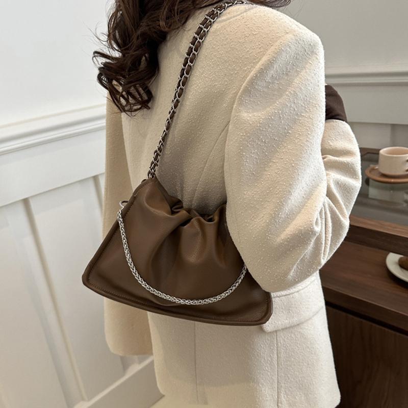Pure Color Faux Leather Shoulder Bag Women's Summer New Style Underarm Chain Crossbody Bag Soft Square Shape Polyester Lining KTB