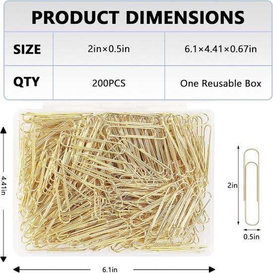 Jumbo Paper Clips, 200pcs 2 Inch Paper Clip, Large PaperClips, Stainless Steel, Paperclip for Paperwork Office School Home and Personal Use (Golden)