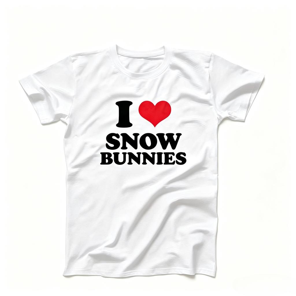 I Love Snow Bunnies Red Heart Slogan T Shirt Minimalist Letter Graphic Ski Lover Casual Oversized Unisex Black Short Sleeve Tee