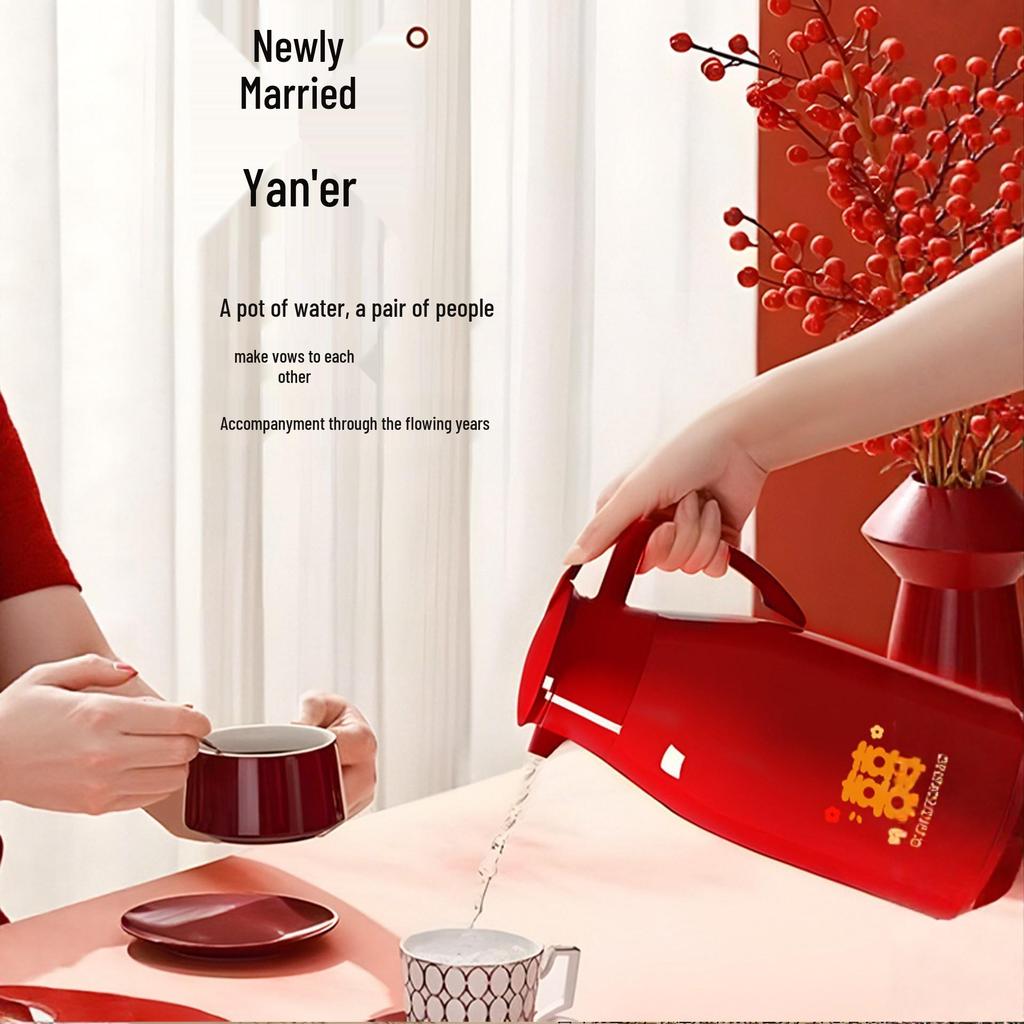 Red Glass Liner Electric Kettle & Thermos Set - Insulated Household Water Bottles for Weddings