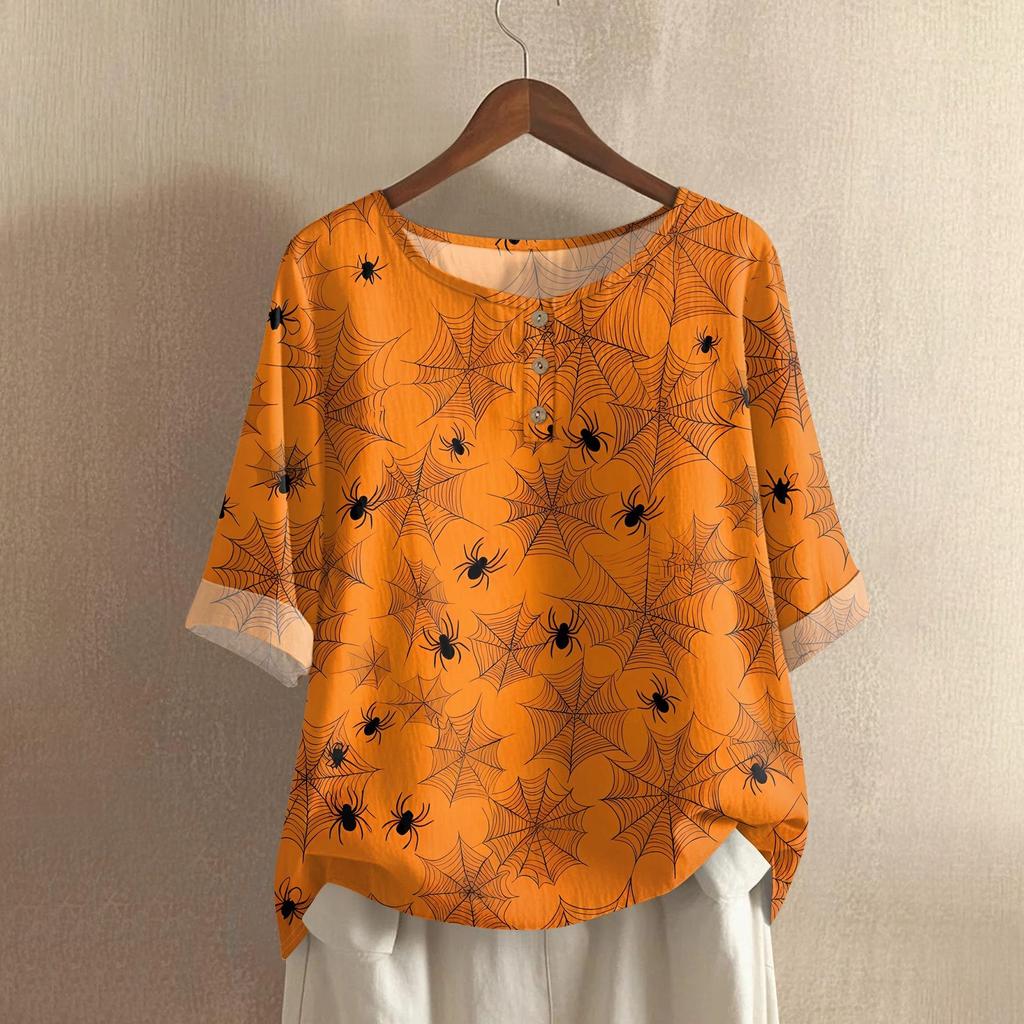 Damen Modisches Und Lässiges Shirt Halbarm Rundhals Print Baumwolle Und Leinen Bluse Top