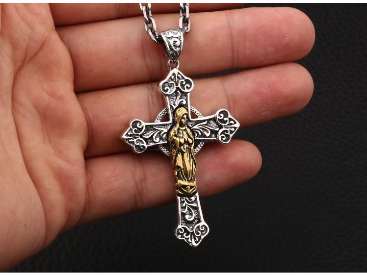S925 Sterling Silver Virgin Mary Cross Necklace Pendant - Unisex Korean Fashion Thai Silver