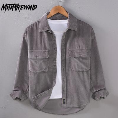 Fall Men's Casual Shirt Japan Retro Style Corduroy Long Sleeve Men Tops Daily Lapel Collar Pure Cotton Loose Shirt with Double Pockets