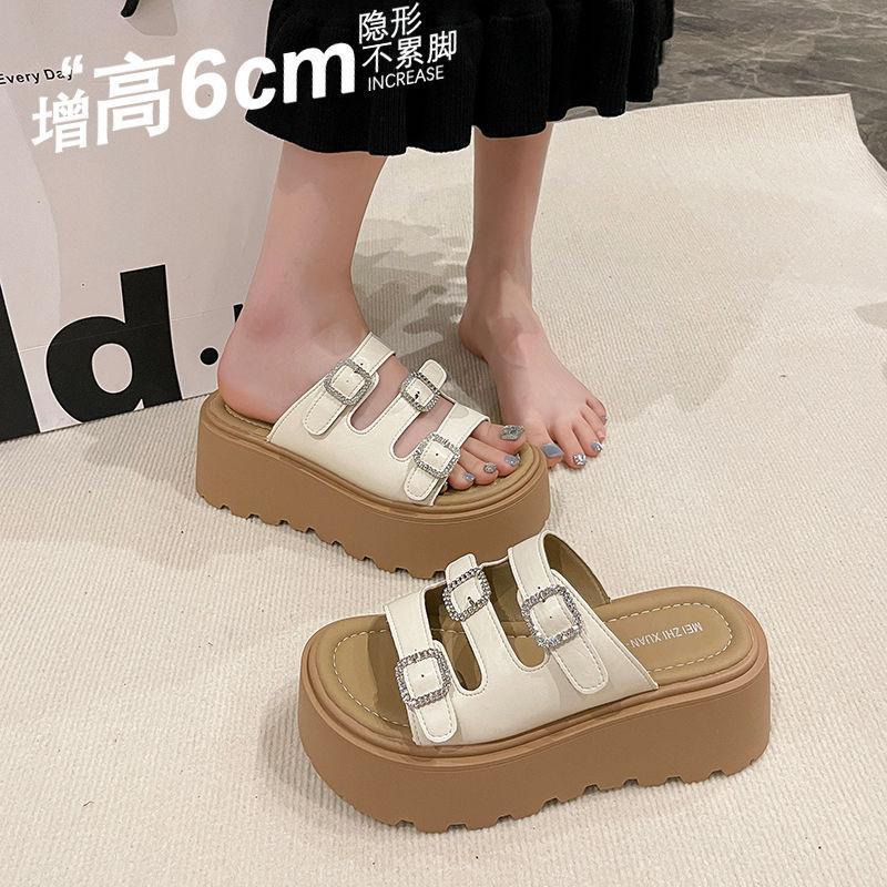 Small Thick Bottom Heightening Cool Slippers Women Wear 2025 Summer New Internet Celebrity Rhinestone Muffin High Heel One-word Drag