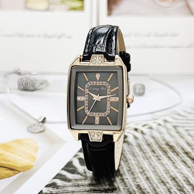 Damen Armbanduhr Quadratisch Strassbesetztes Zifferblatt Schüler Quartz Lederarmband Armbanduhr