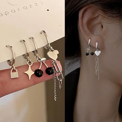 4Pcs Asymmetric Love Heart Cherry Drop Dangle Earrings Set Silver Color Elegant Set Of Earrings Trend Girls Earring For Women