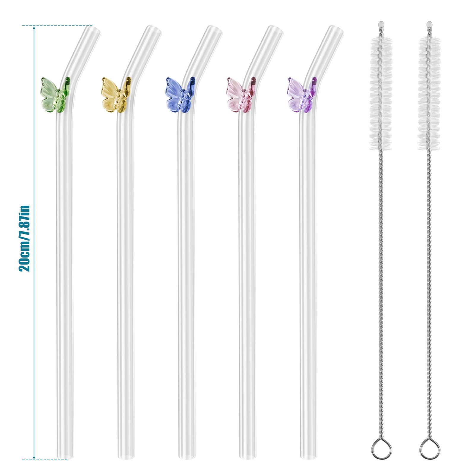 

5/6Pcs Reusable Drinking Straws Clear Glass Drinking Staws with Cleaning Brush Cute Butterfly Heat-Resistant Smoothie Straws