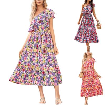 Women's Fashionable Slanted Shoulder Lace Waist Cinched Floral Print Pullover Dress