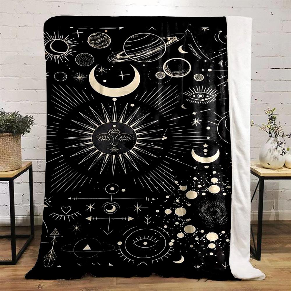 Mystical Celestial Design with Moons and Stars Flannel Blanket for Bedroom, Living Room, Sofa, and Nap Sofas