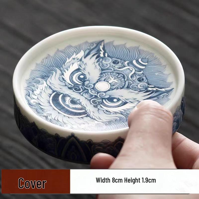 Blue and White Porcelain Lotus Kung Fu Tea Set: Enamel Teacup, Hovering Lid, Teapot, Saucer, and Master Cup.