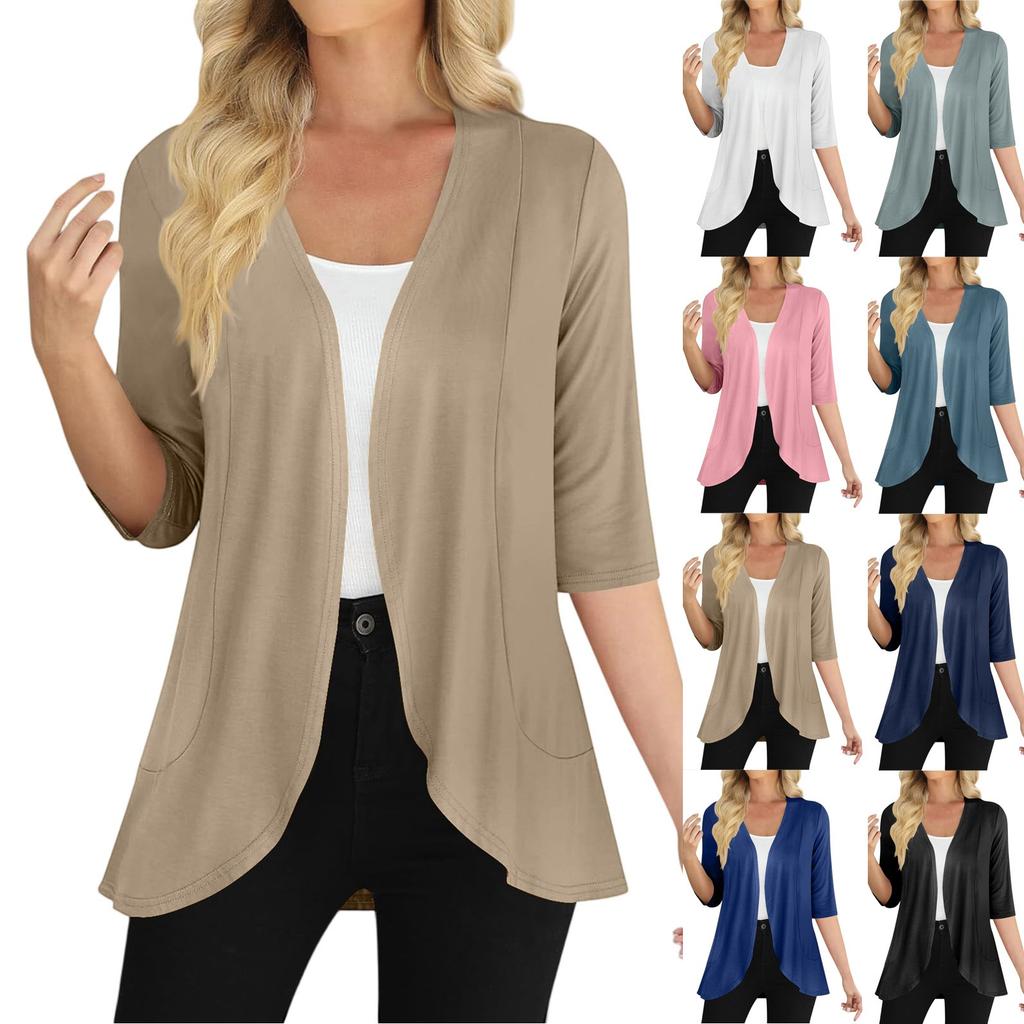 Women's Casual Short Open Front Cardigan Lightweight Soft Knit Draped Hem Three Quarter Sleeve Sweater Layering Top