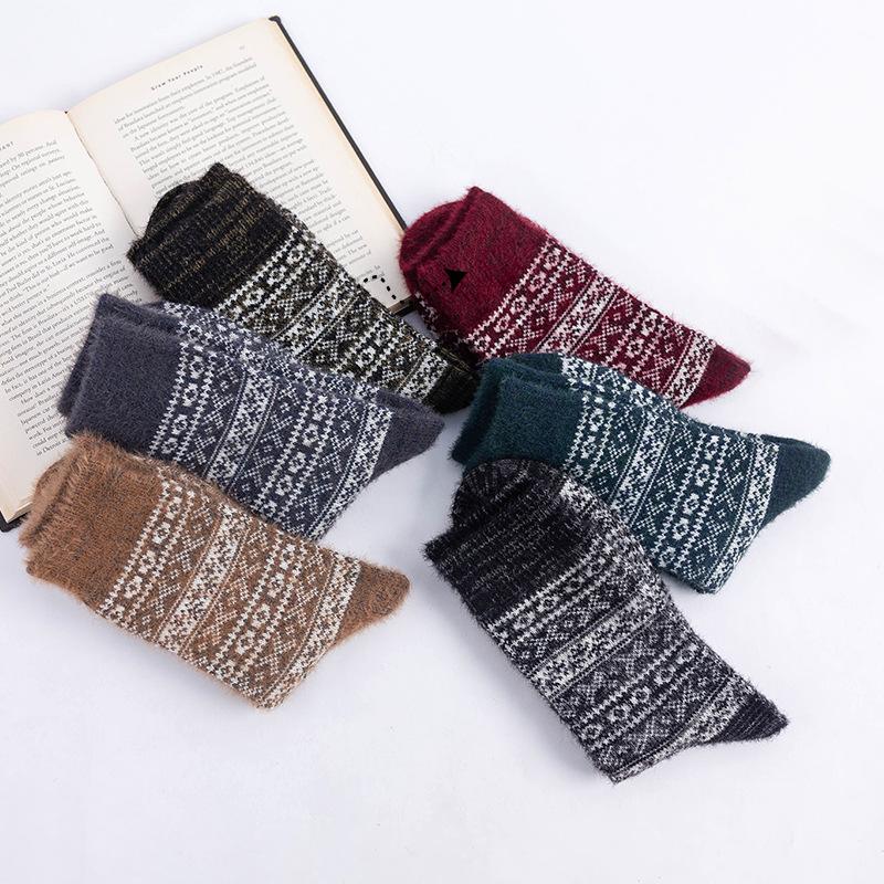 3 Paires de Chaussettes Montantes Chaudes Épaisses en Laine de Lapin Imitation Furets Style National Automne et Hiver pour Homme