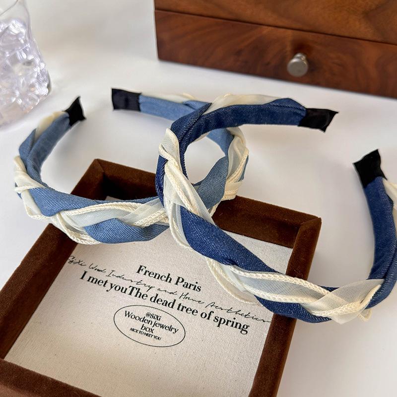 New Retro Braided Twist Headbands Fashion Denim Panelled Mesh Yarn Hair Hoop for  Woman Girl Elegant Hair Band Hair Accessories