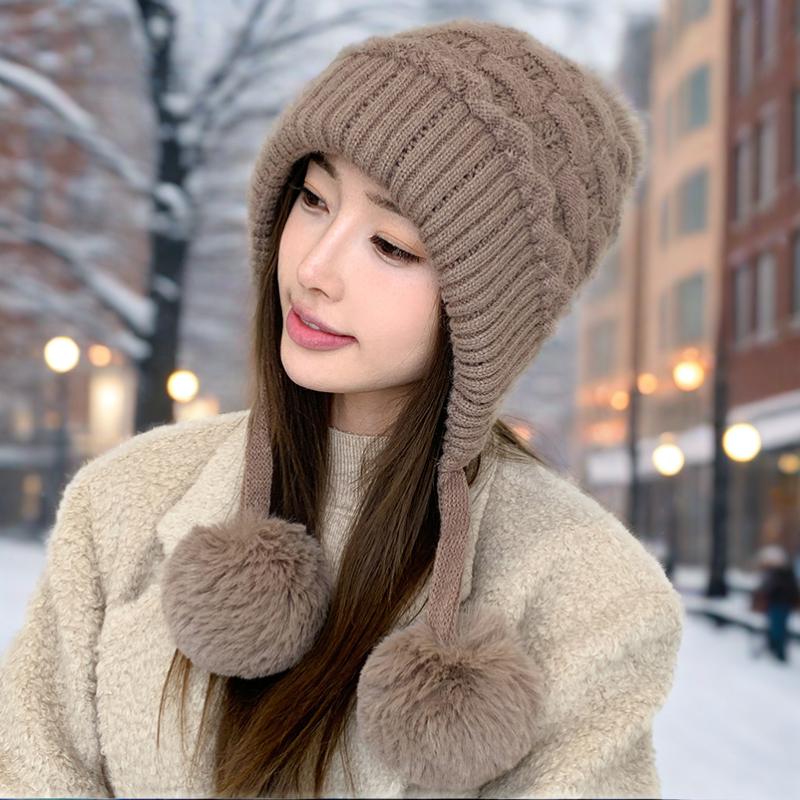 Lazy Wind Thickened Double-layer Ear Protection and Cold-proof Three-fur Ball Rabbit Fur Hat Plus Velvet Face Protection Knitted Hat