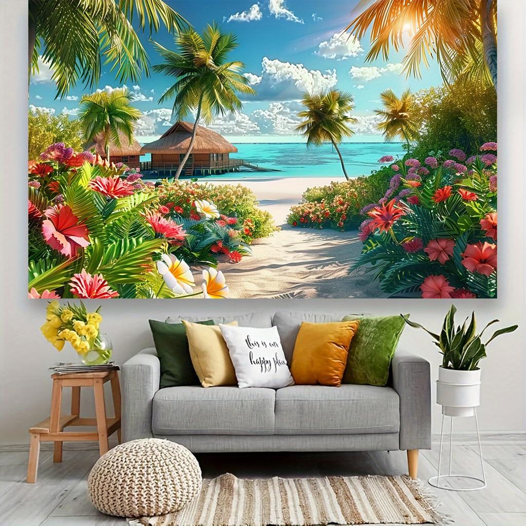 Tropical Paradise Beach Scene Polyester Background Fabric  Vibrant Palm Trees Turquoise Waters and Floral Designs