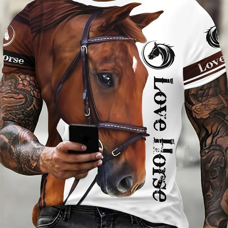 3D Majestic Horse Printing Round Neck Street Fashion T-Shirt Three-Dimensional Printing Horse Men's Creative Short-Sleeved Round