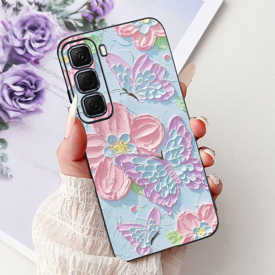 For Infinix Hot 50 4G Phone Case Hot 50 Pro+ 4G Hot50 Pro Elegant Floral Cat Pattern Black Silicone Soft TPU Cases