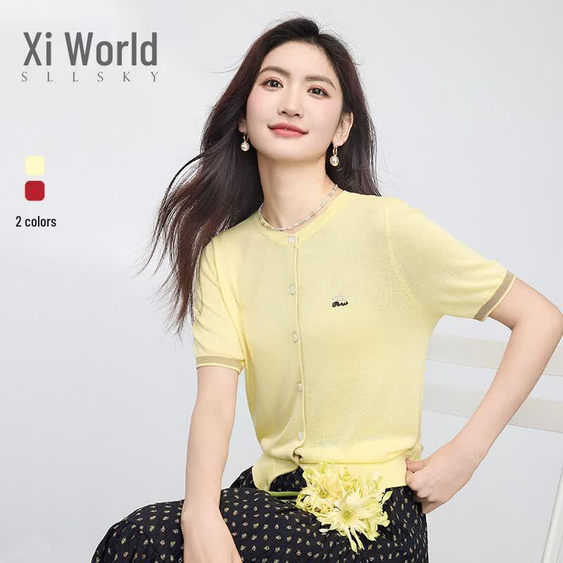 sllsky Women s Embroidered Ice Silk Short Sleeve Knit Cardigan S