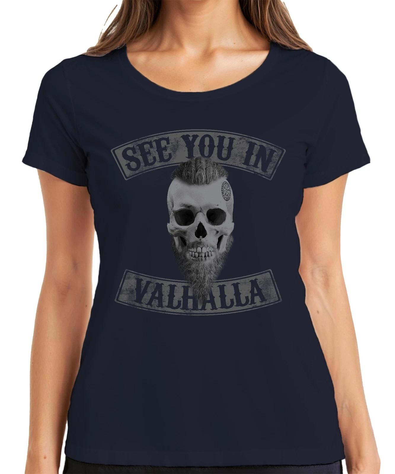 See You In Valhalla Totenkopf Runen Wikinger Vegvisir Biker Damen T-Shirt XXXXL