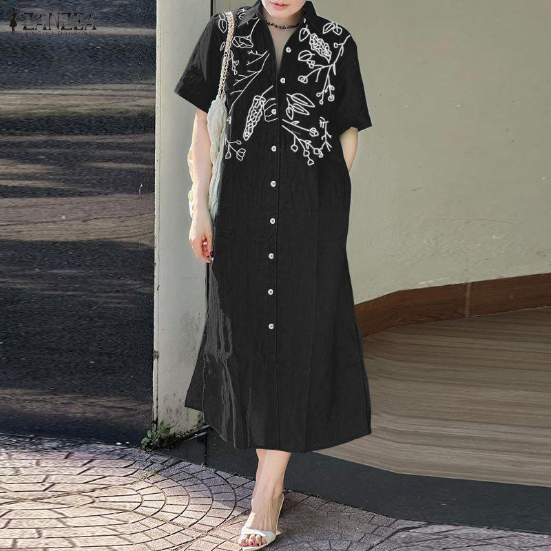 ZANZEA Women Casual Turn Down Collar Short Sleeve Print Shirt Dress