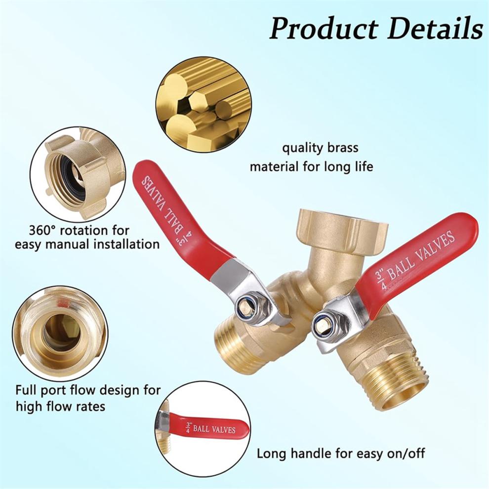 Garden Hose Splitter Full Flow,Brass 2 Way Heavy Duty,Garden Y Valve 3/4in GHT Threads