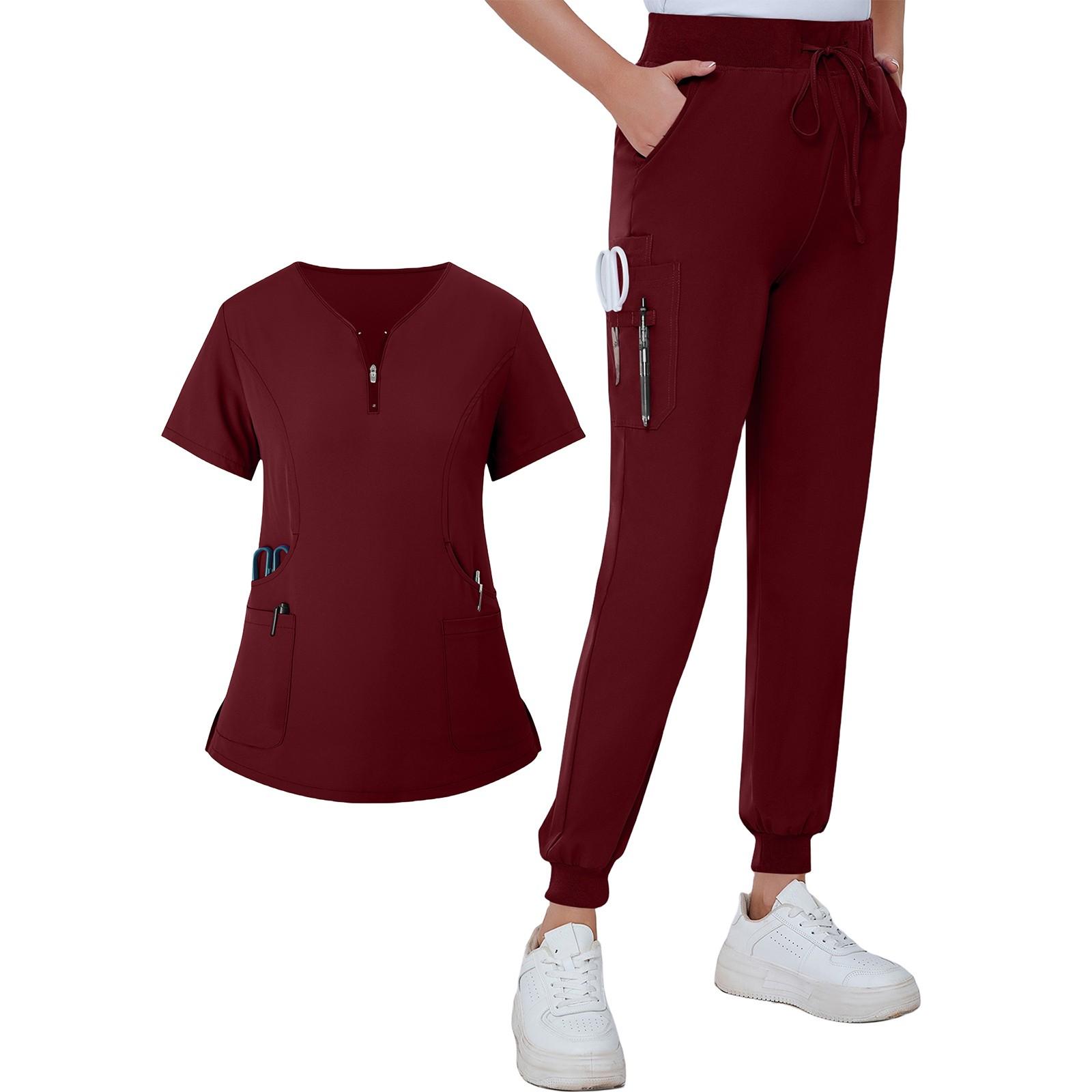 

Женская летняя свободная униформа с V-образным вырезом на молнии с карманами и короткими рукавами M винный