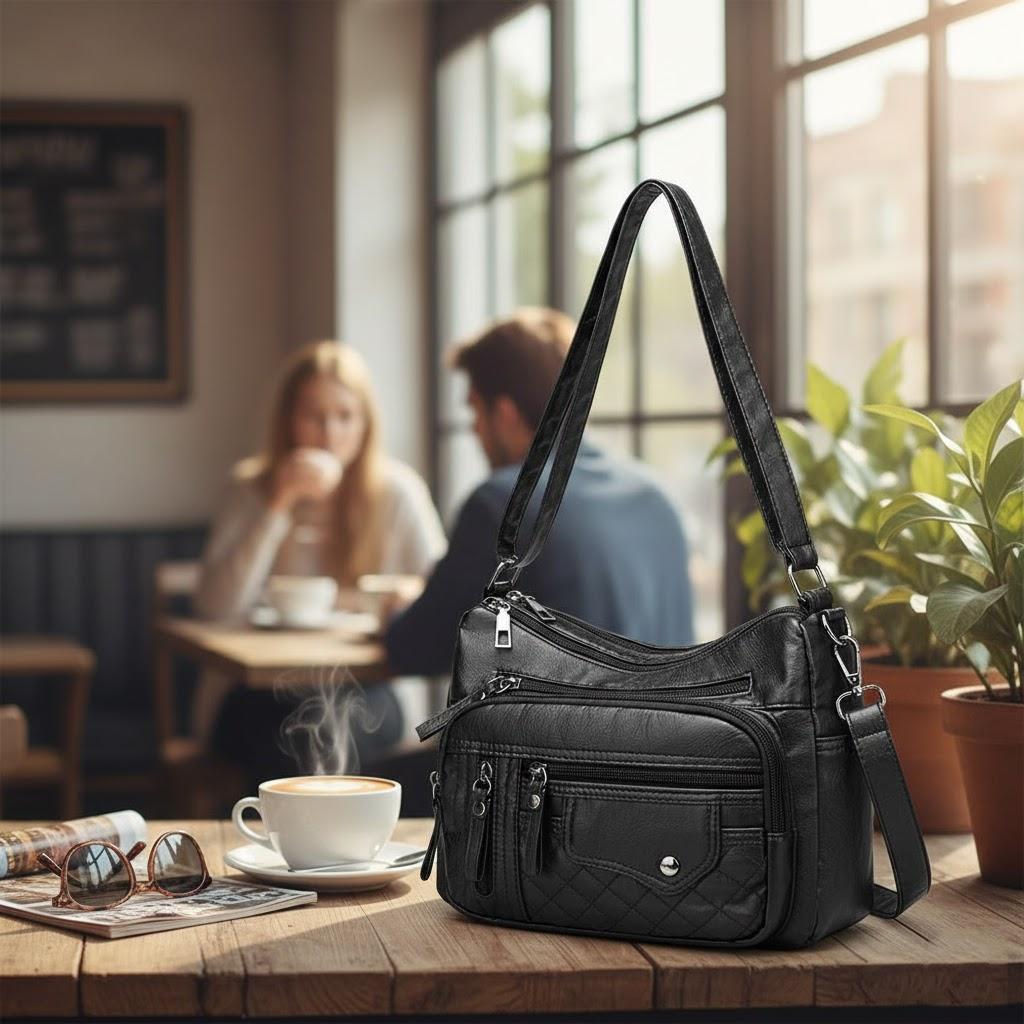 Fashionable PU Leather Shoulder Crossbody Bag for Women Soft Stylish Multi-Layer Pockets Adjustable Strap