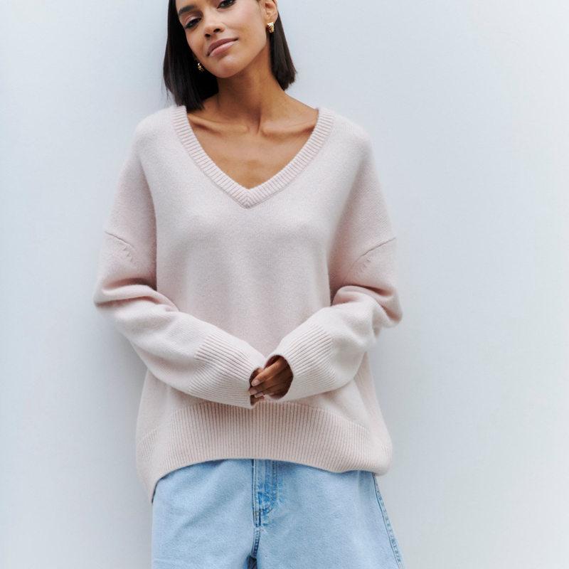 

Женские осенне-зимние вязаные топы для дам, свободный однотонный повседневный свитер с v-образным вырезом и длинным рукавом L светло-розовый