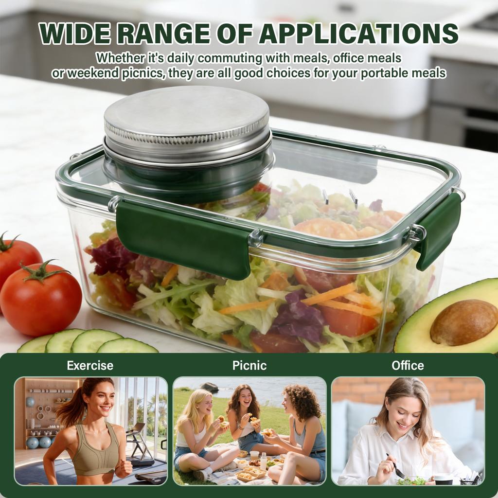 Portable Salad Jar Rectangular Salad Pod Mason Jar Plastic Salad Container Breakfast Fruit Salad Lunch Box Leakproof Salad Box