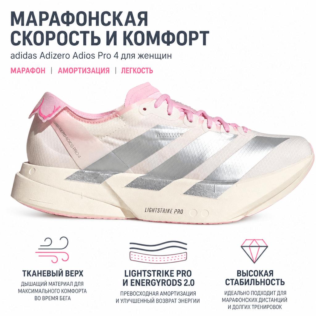 adidas Adizero Adios Pro 4 Core White Silver Metallic Clear Pink Damskie Buty Sportowe JQ4446
