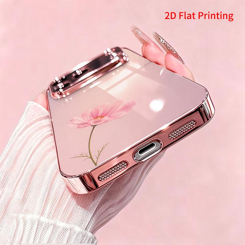 2DFlat electroplated tempered glass phone case,Pink Cosmos Flower on Soft Gradient Background,suitable for iPhone 18 Pro Max 17 16 15 14 13 12 11