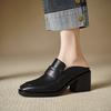 Fashion 2025 Spring Genuine Leather Shoes Women Slippers High Heels High Square Toe Mules Ladies Office Dress Shoes Slides Women Pumps