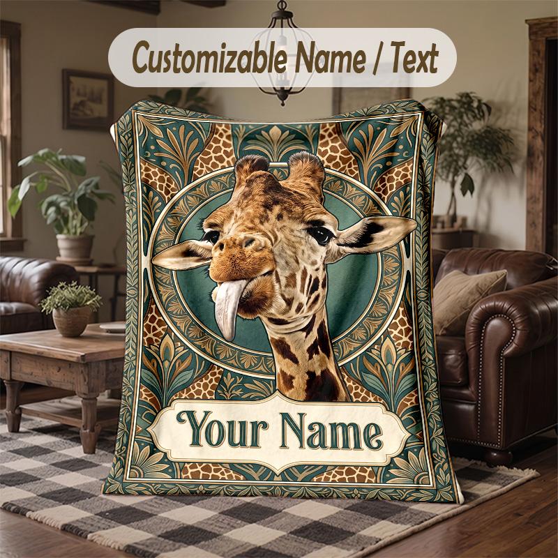 Giraffe Art Deco Poster Theme Throw Blanket Custom Name Text Personalized Blanket Soft Cozy Blanket for Home Sofa Bed