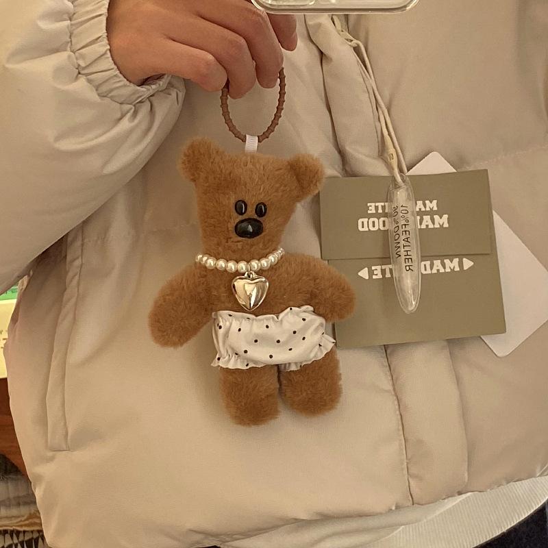 Creative Tilted Head Teddy Bear Polka Dot Underwear Necklace Plush Doll Bag Pendant, Coffee Bear Keychain