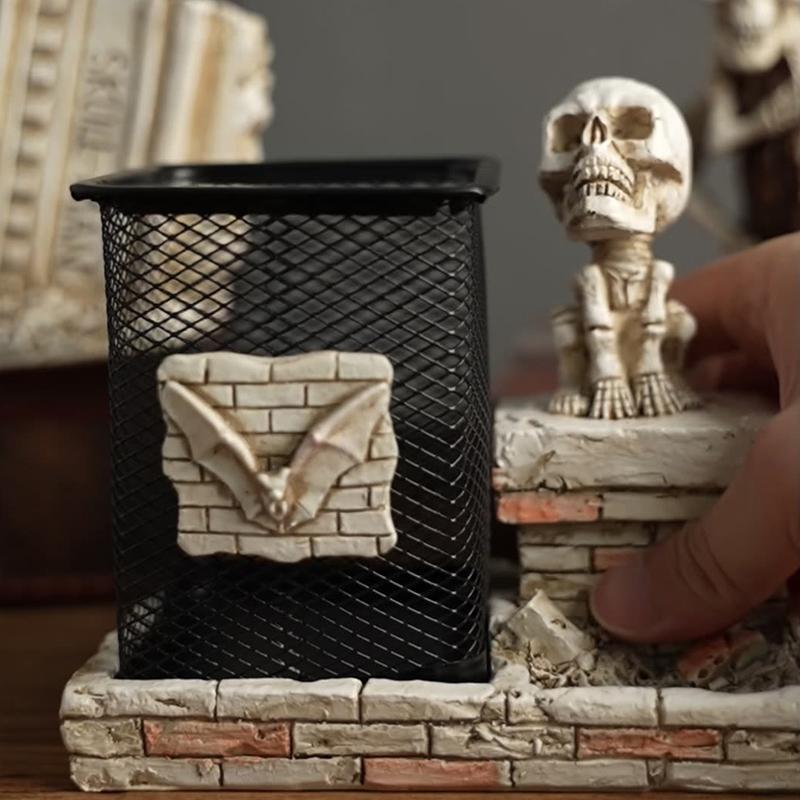 Halloween Skull Pen Pencil Holder Skeleton Key Holder Makeup Brush Holder Home Office Desk Supplies Organizer Accessory Gifts