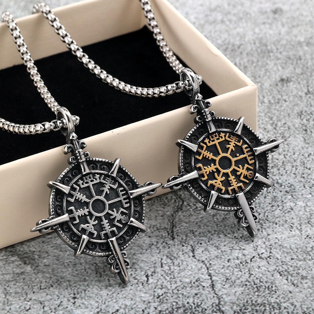 Vintage Nordic Men's Stainless Steel Men's Pendant Viking Compass Rune Necklace Pendant