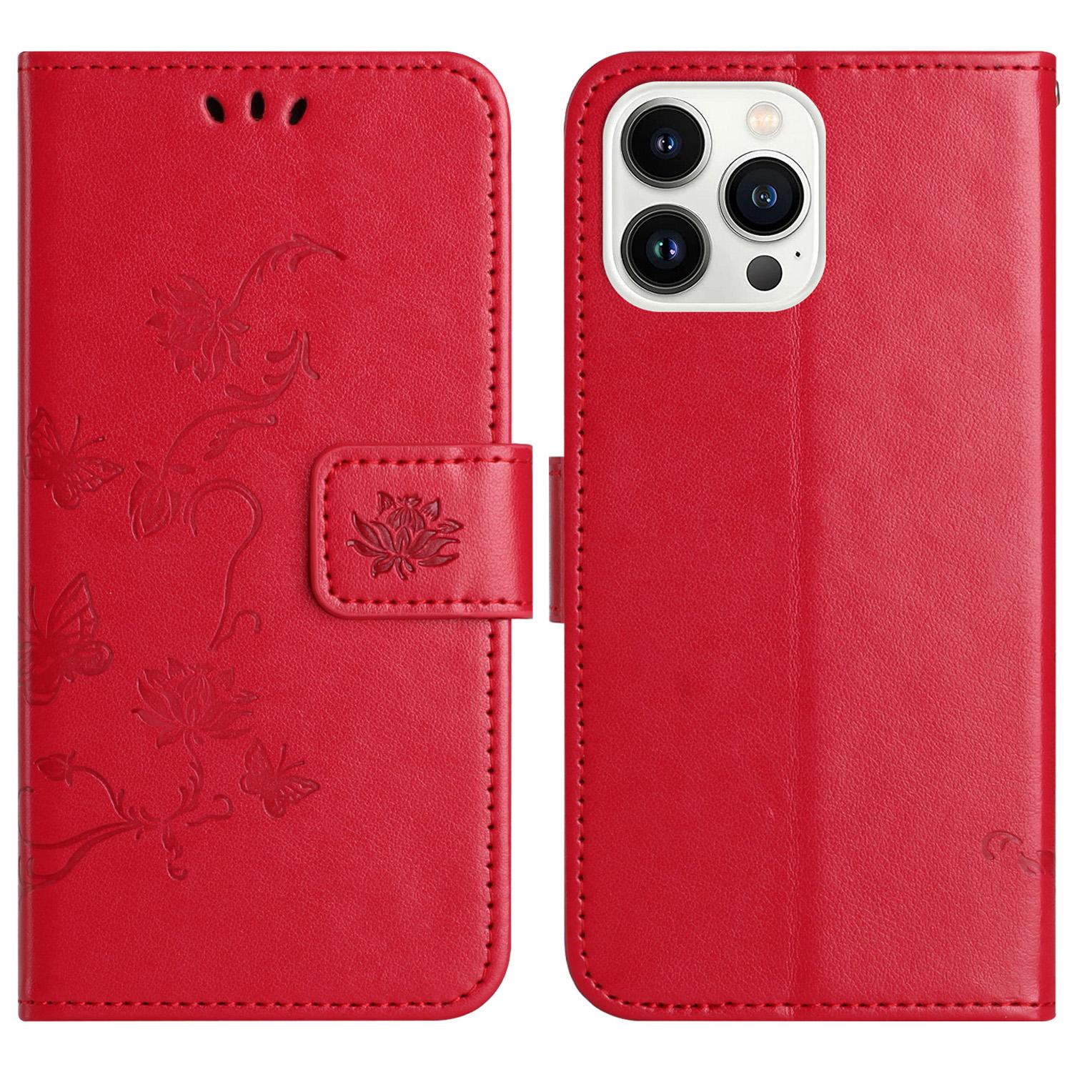 

Чехол для iPhone 16 Pro, кошелек из ПУ кожи, чехол для телефона с узором бабочки и цветка Red