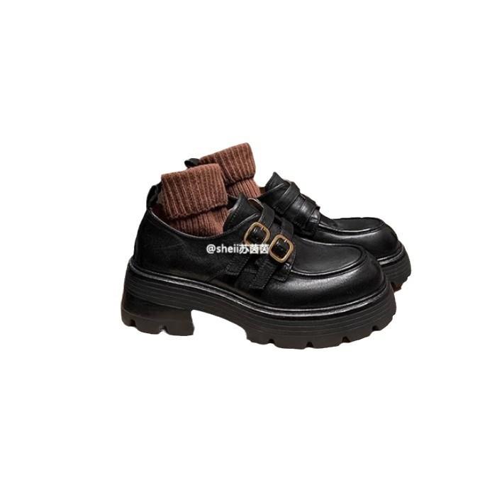 The Same Style, with a Height Increase of 6cm, Washed Horse Skin, Small Gold Buckle, Thick Heel, Thick Sole, Loafer Single Shoes, Small Leather Sho