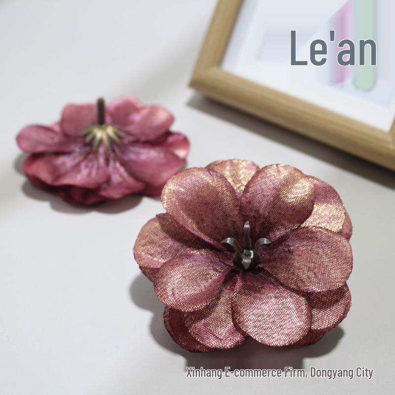 Camellia Gold Thread Artificial Flower Heads for DIY Hairpins and Home Decor Ornaments