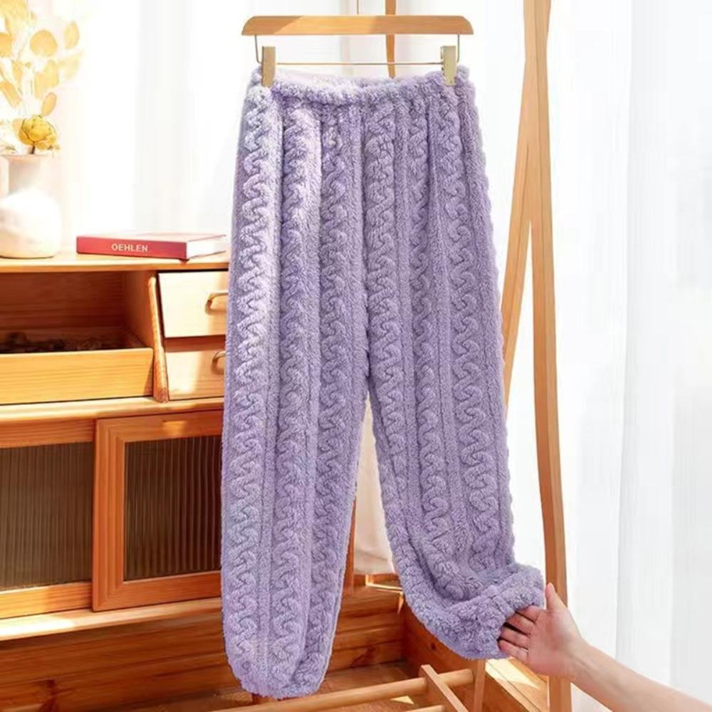 Coral Fleece Jacquard Pajamas Set Women Autumn Winter Fleece Thickened Warm Crew Neck Cable Knit Loungewear Wearable Outside