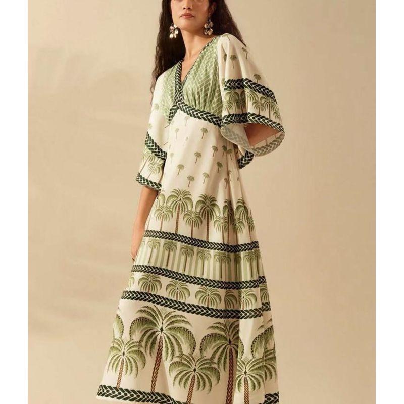 Amazon Vacation 2025 Summer New V-neck Fashion Loose Print High Waist Long Dress Women Dress