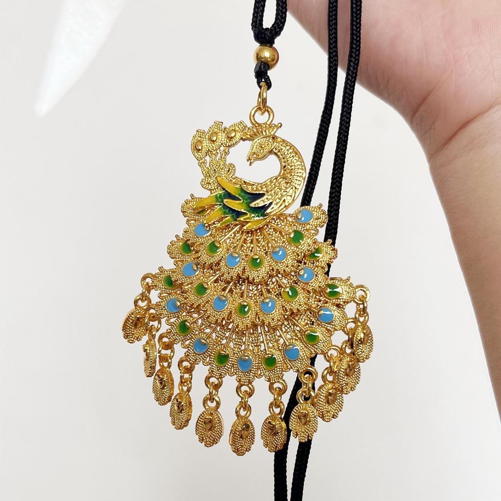 Vintage Ethnic Peacock Pendant Necklace with Enamel and Gold Accents - Retro Phoenix Design